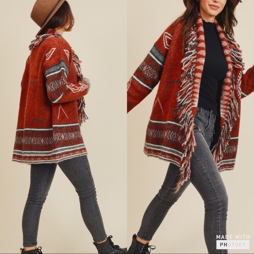 Fringe knit Sweater Cardigan Tribal Retro Print RUST - Picture 3 of 8